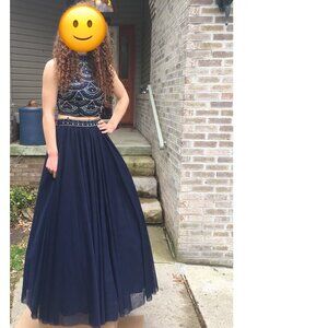 Navy Blue Two-Piece Sequin Beaded Prom Dress Size 5